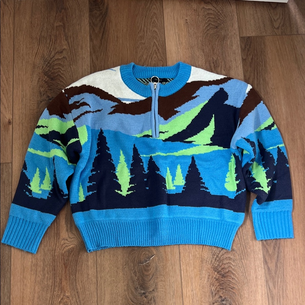 Forever 21 Blue and Green Scenic Zip-Up Sweater